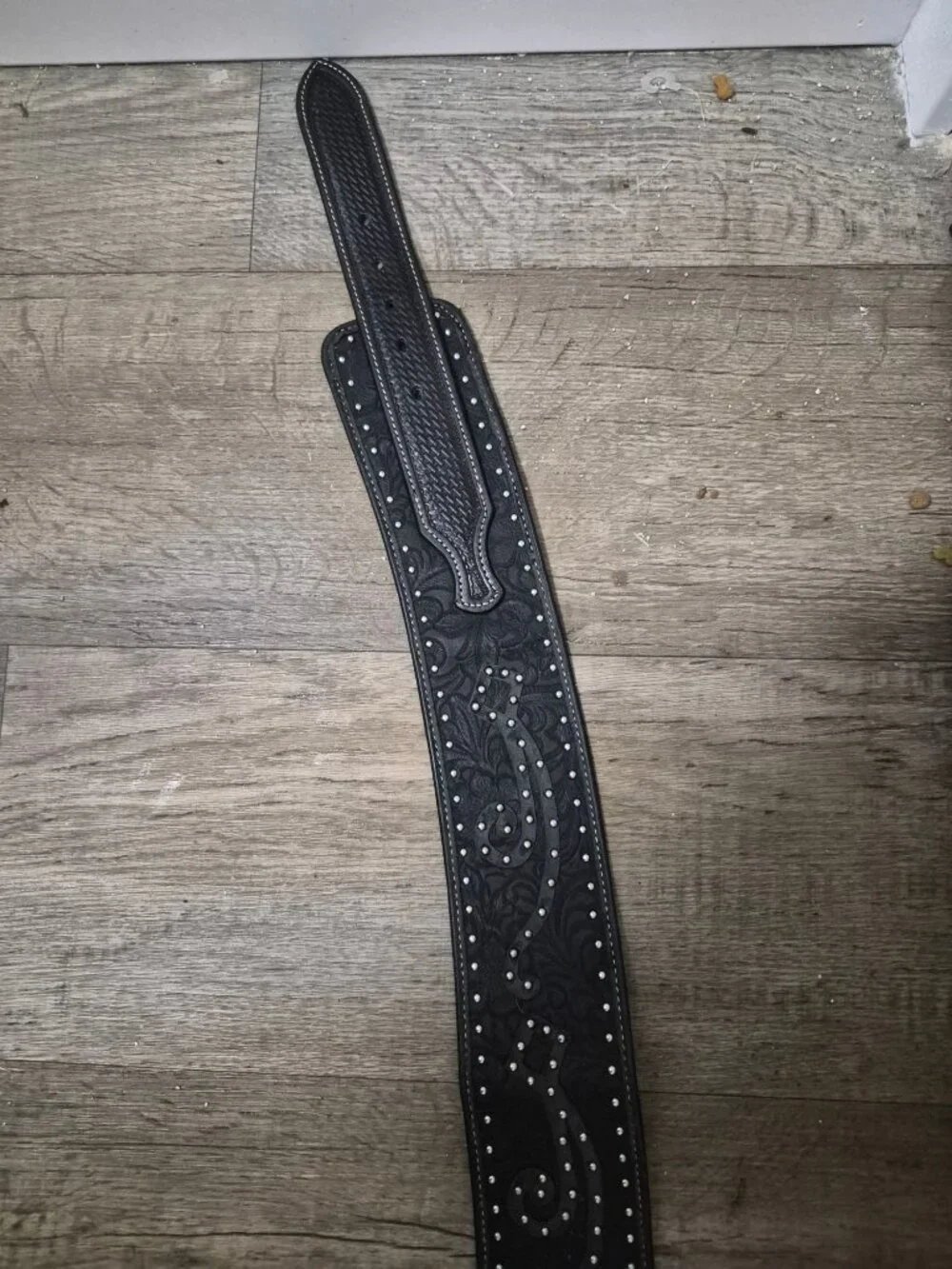 Roper Black Western Leather Hip Belt Ornate Silver Buckle Studded Floral Design